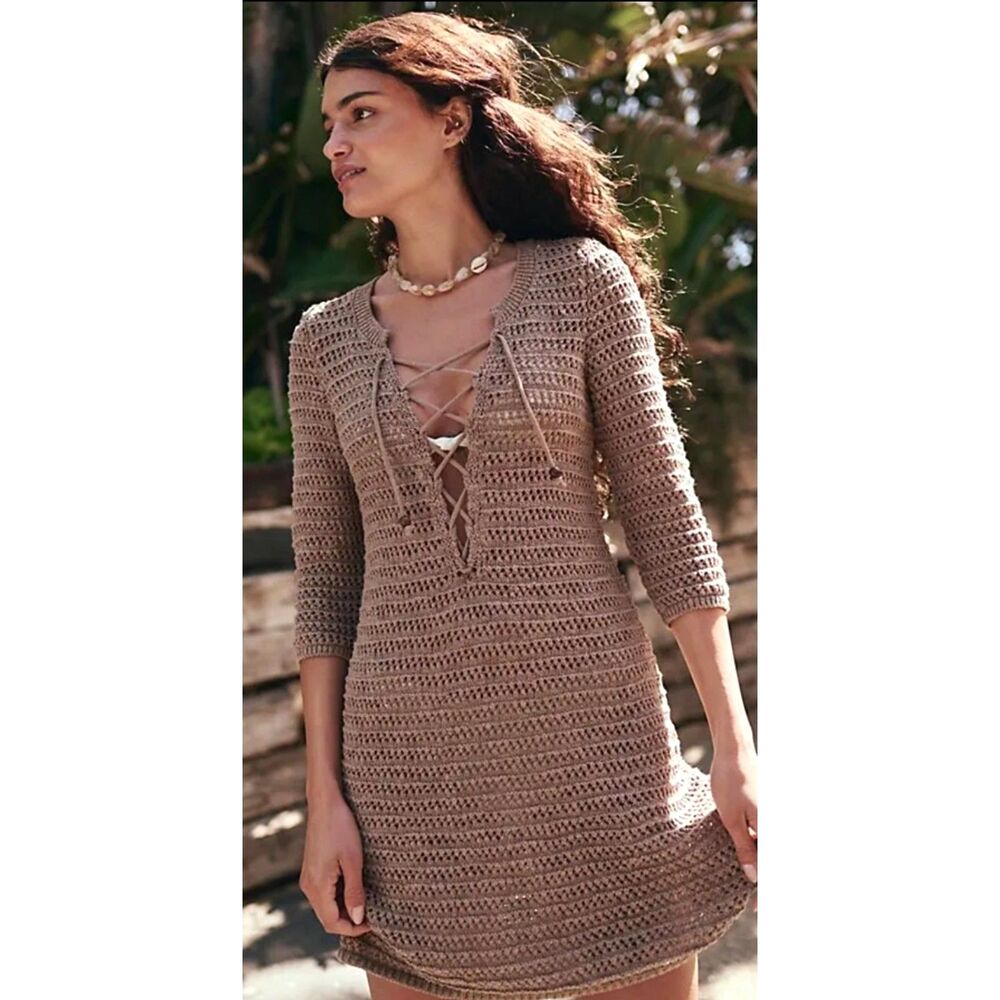 FREE PEOPLE Amalia Sweater Mini Dress Boho Chic Open-Knit Resort Wear Large NWT